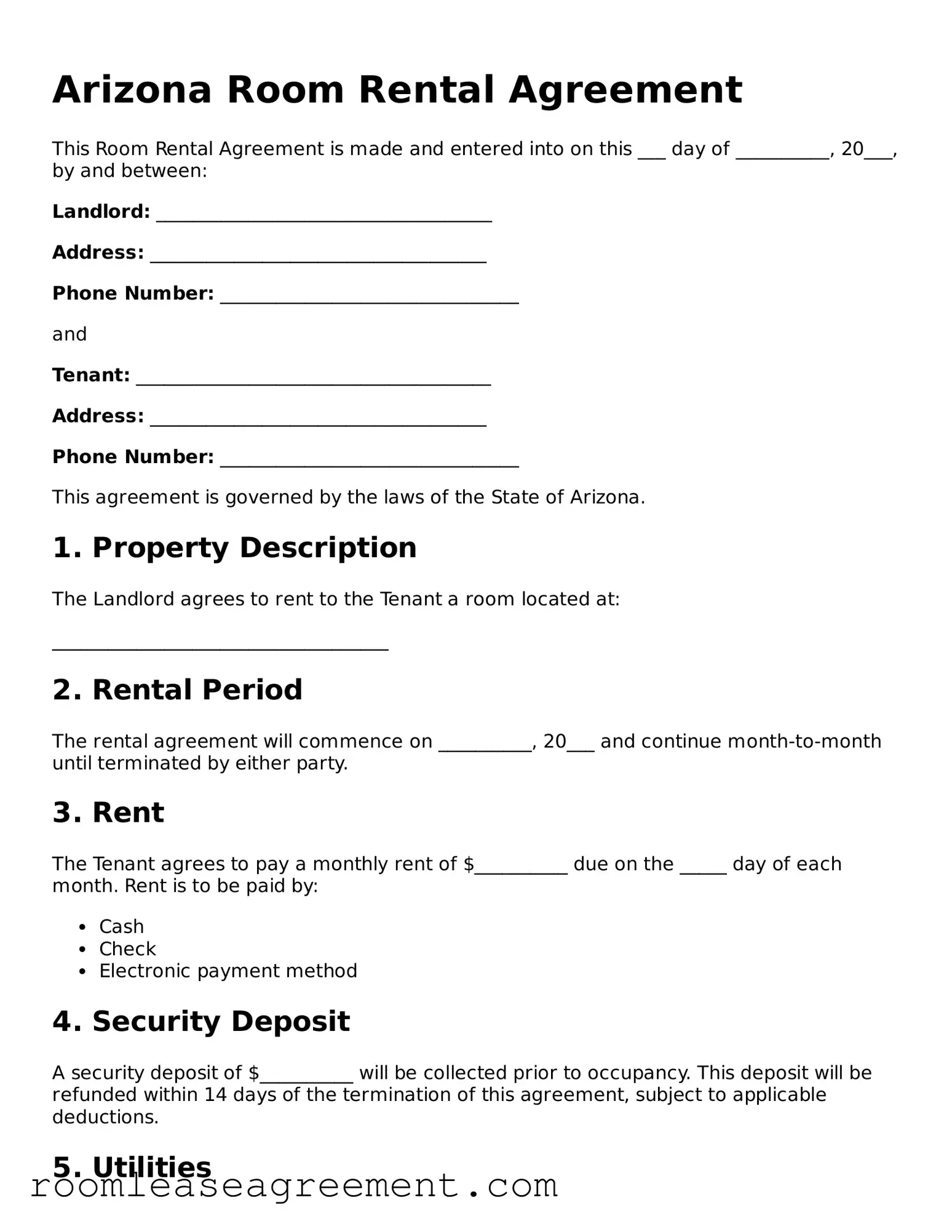 Legal  Room Rental Agreement Form for Arizona