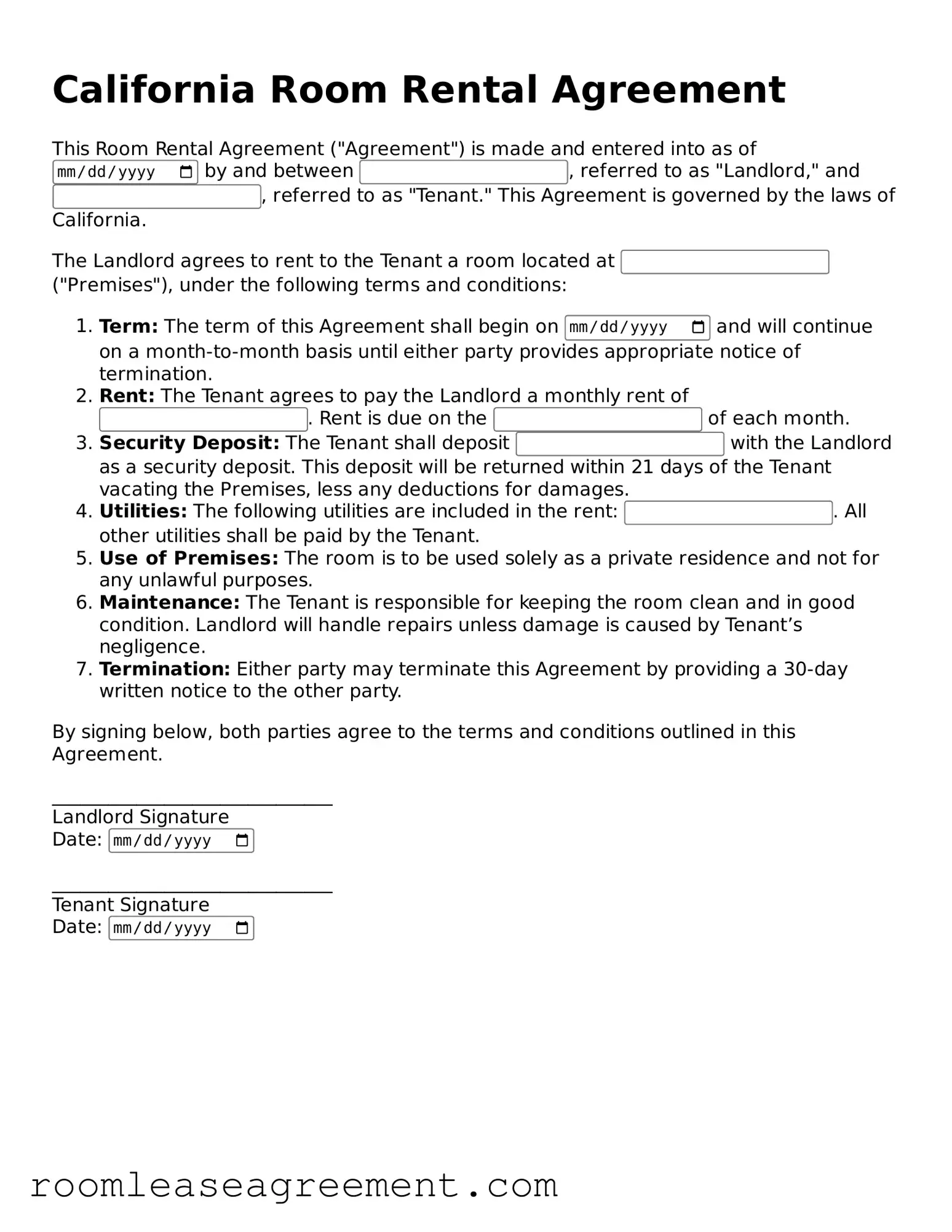 Legal  Room Rental Agreement Form for California