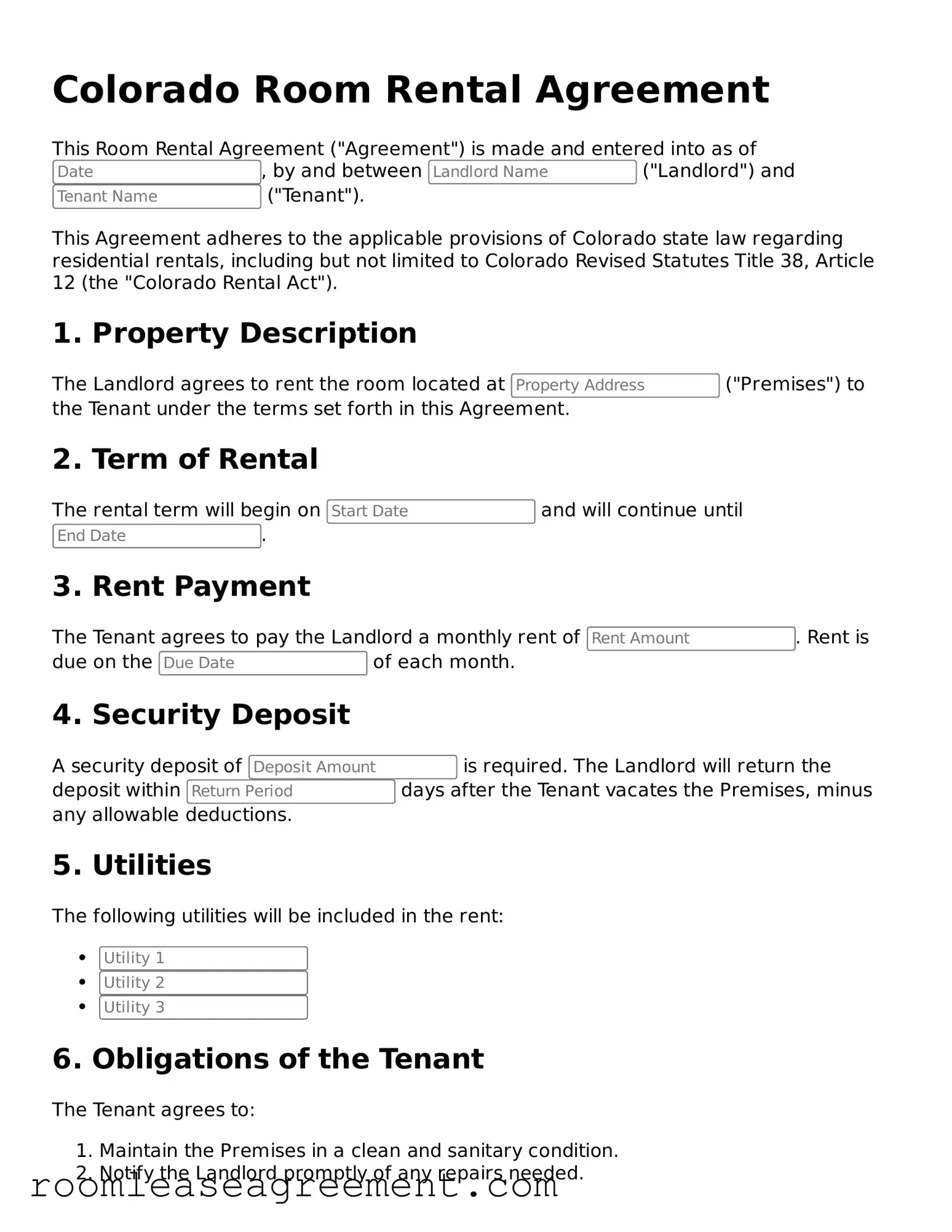 Legal  Room Rental Agreement Form for Colorado