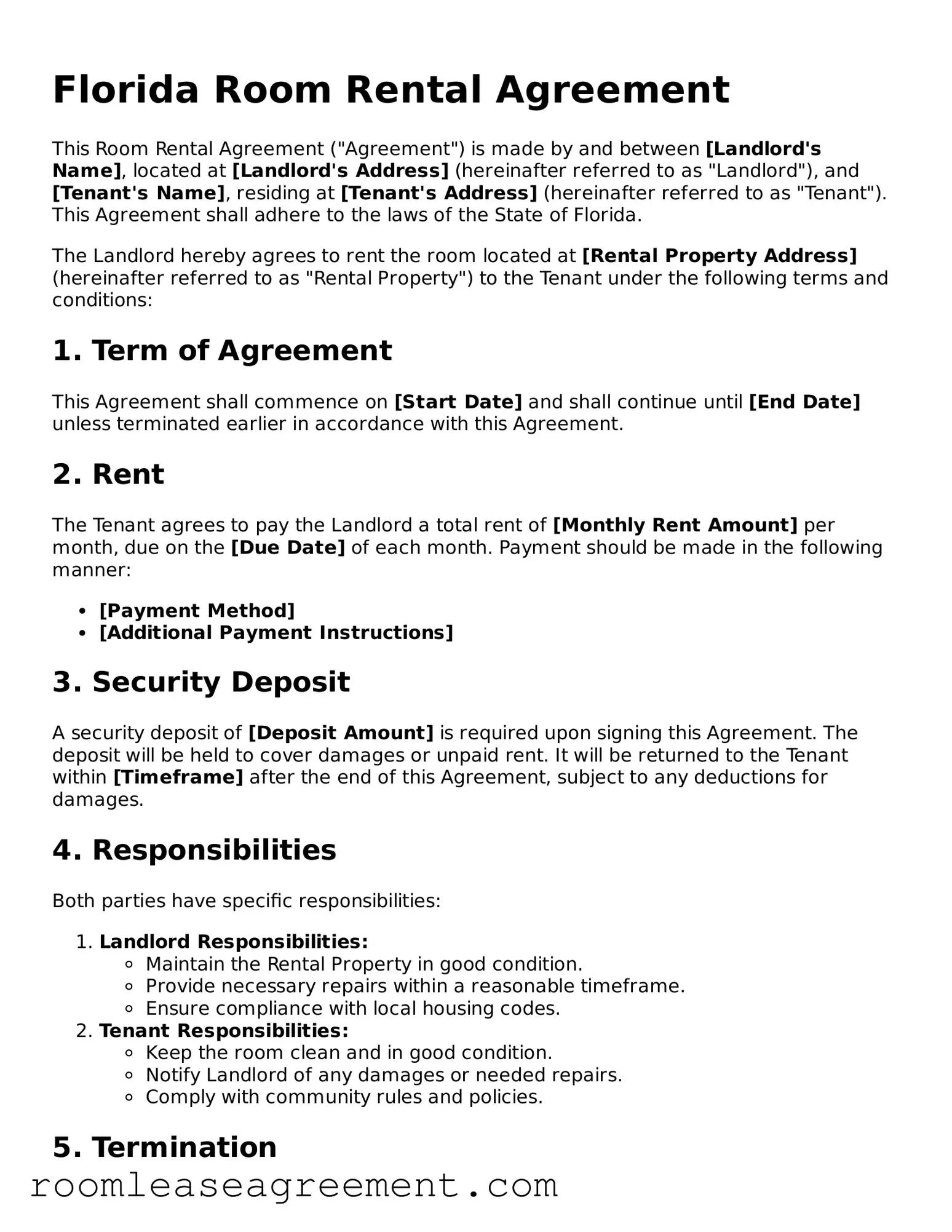 Legal  Room Rental Agreement Form for Florida