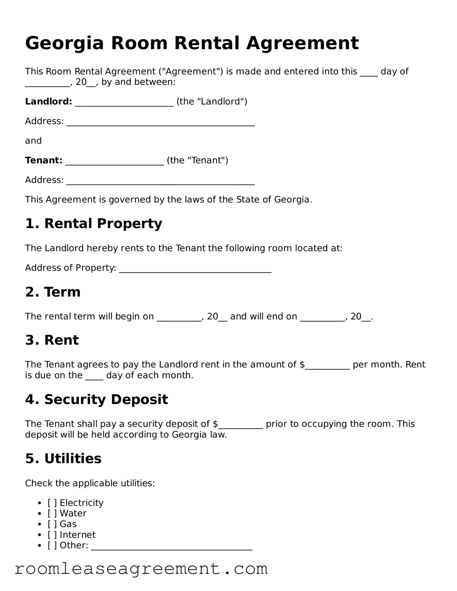 Legal  Room Rental Agreement Form for Georgia