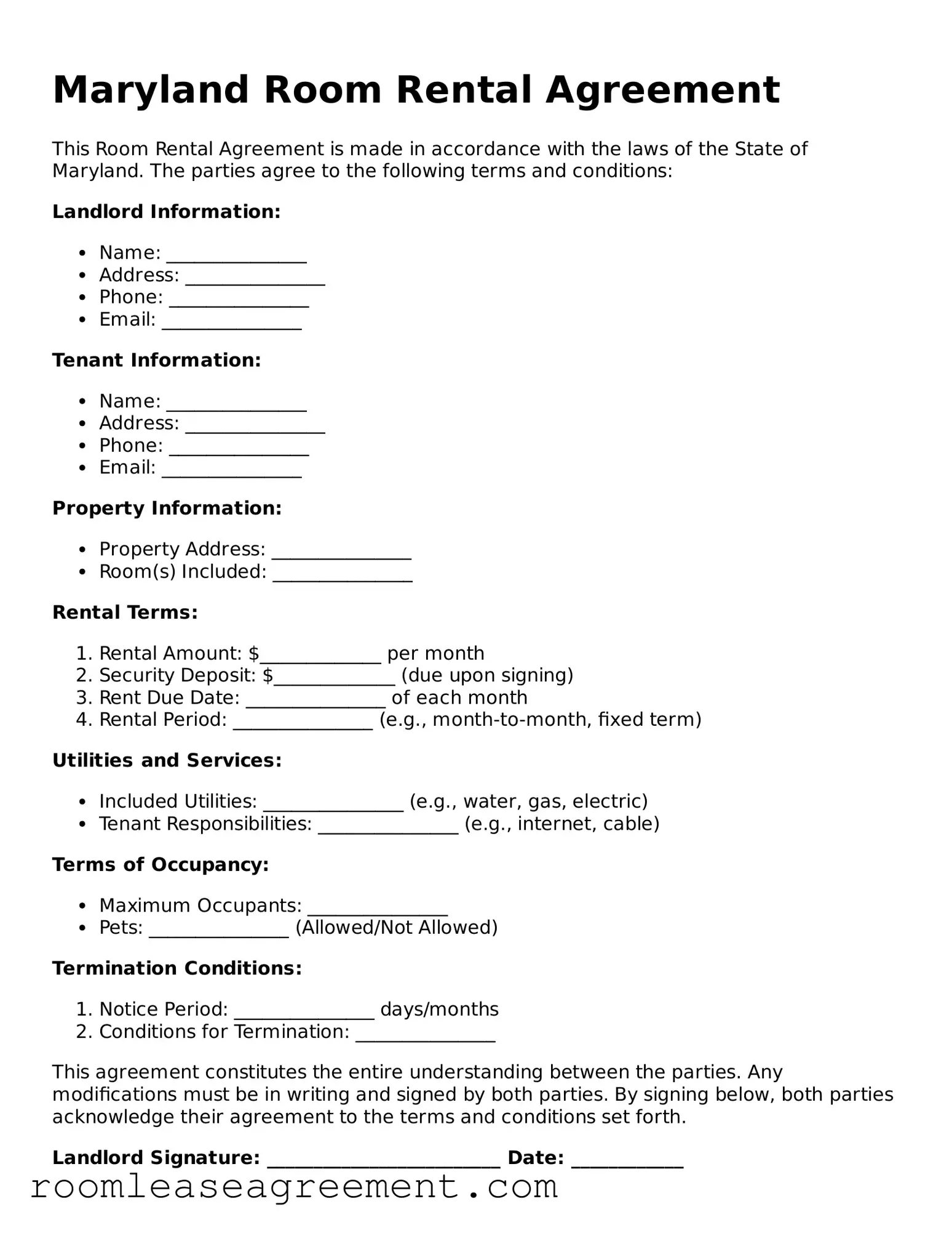 Legal  Room Rental Agreement Form for Maryland