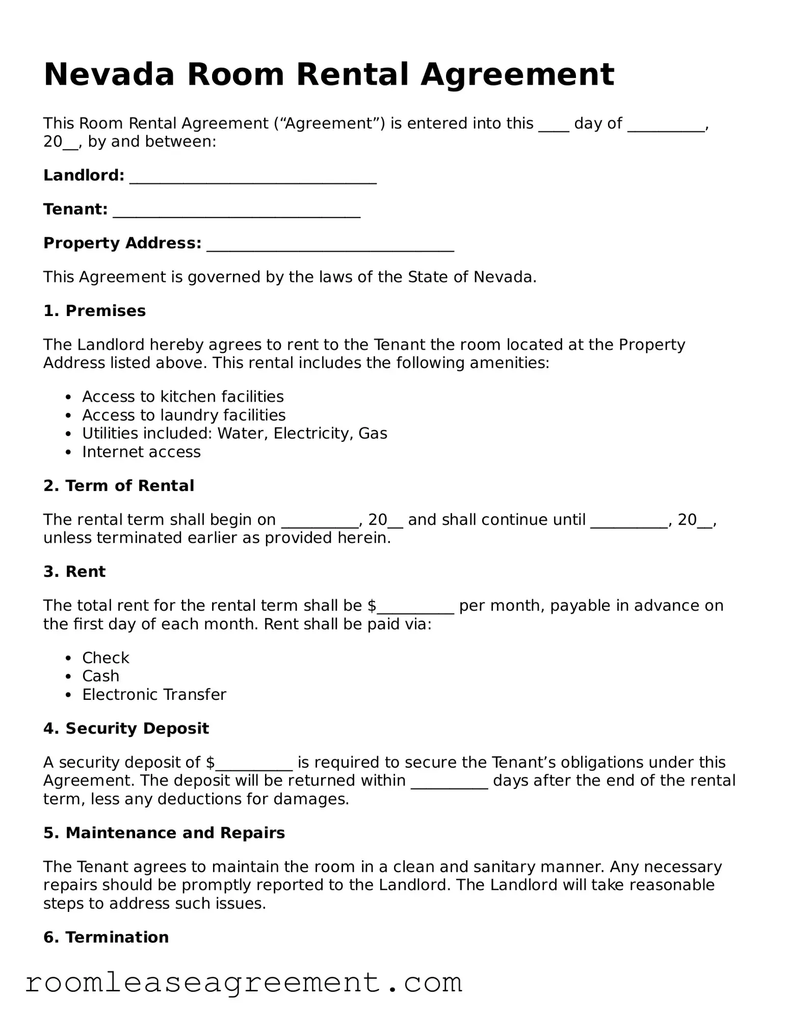 Legal  Room Rental Agreement Form for Nevada