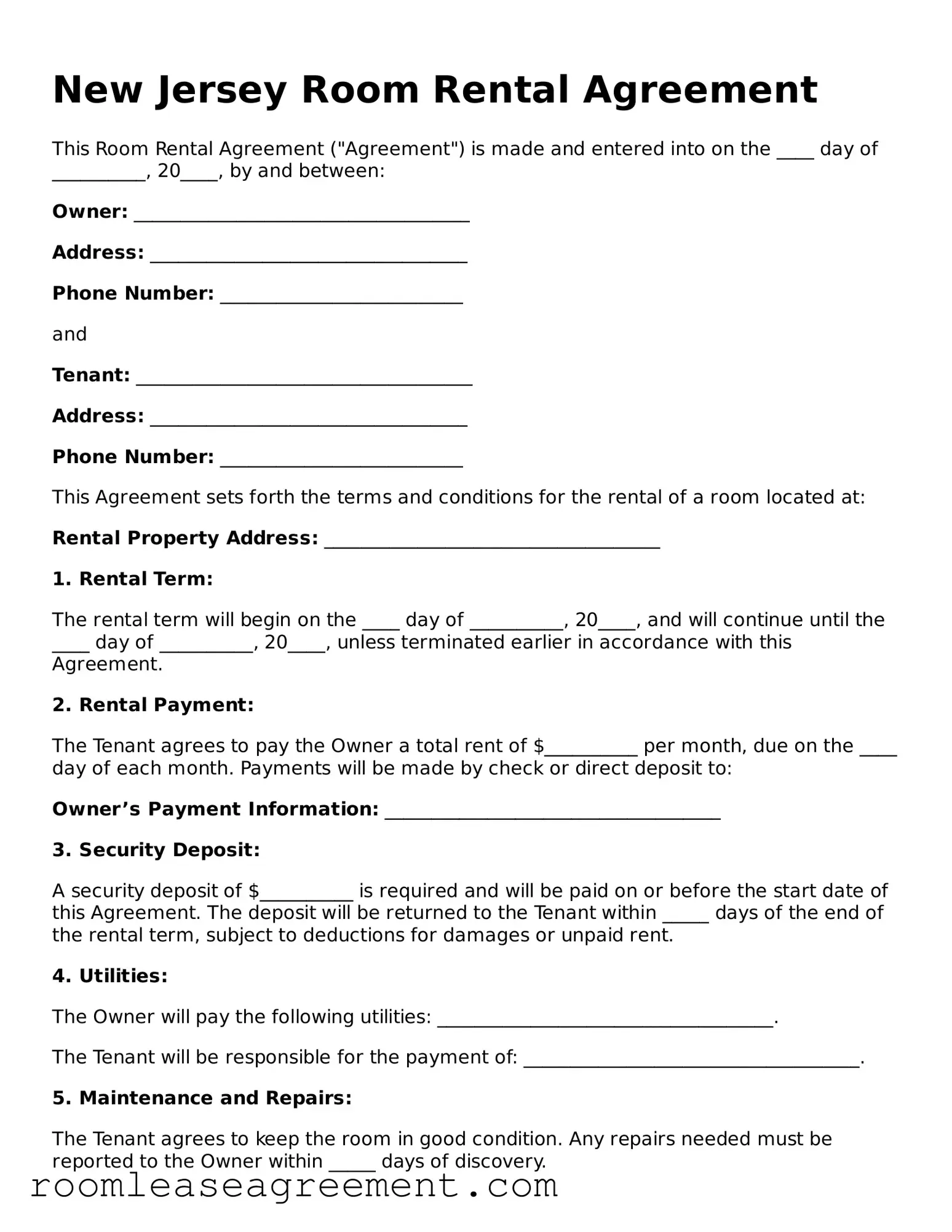 Legal  Room Rental Agreement Form for New Jersey