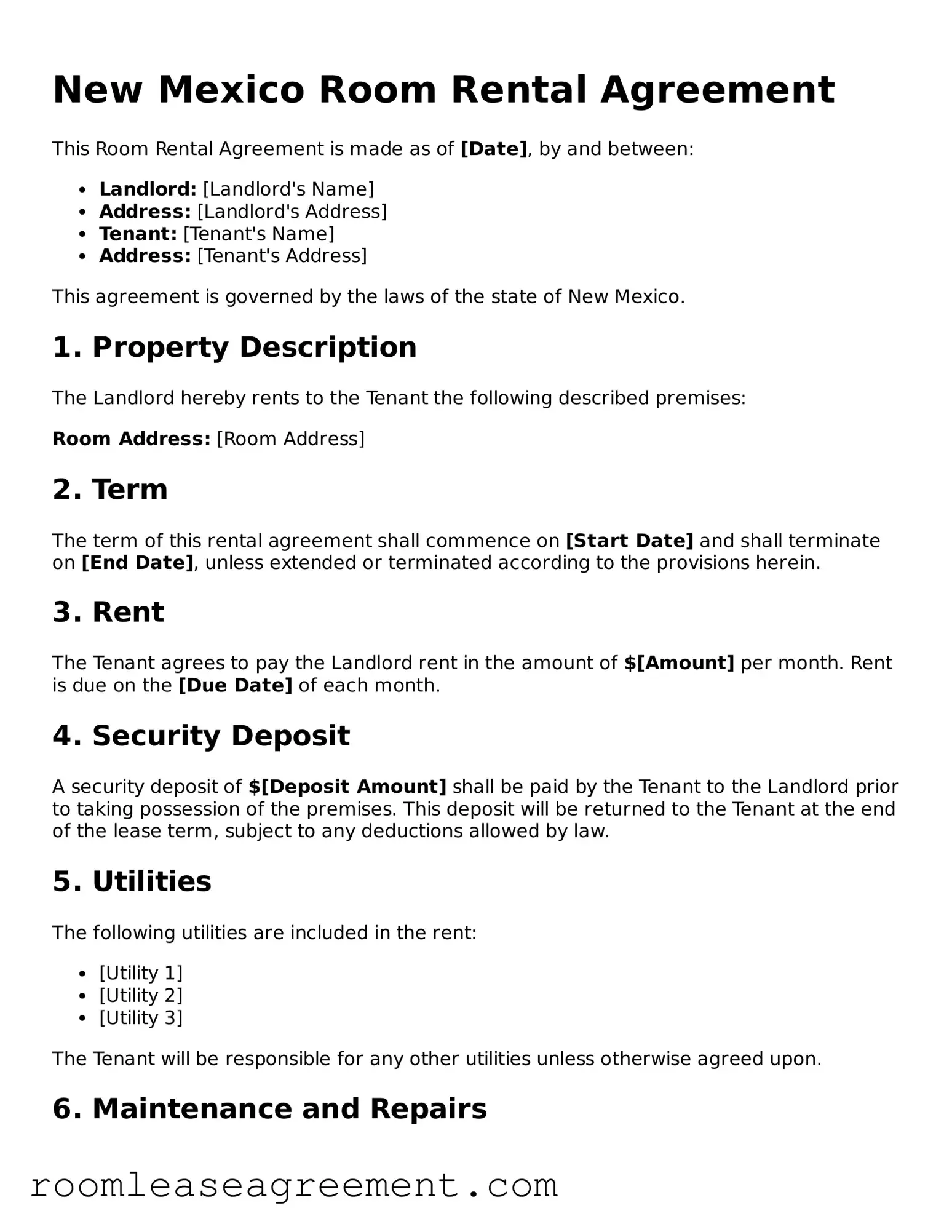 Legal  Room Rental Agreement Form for New Mexico
