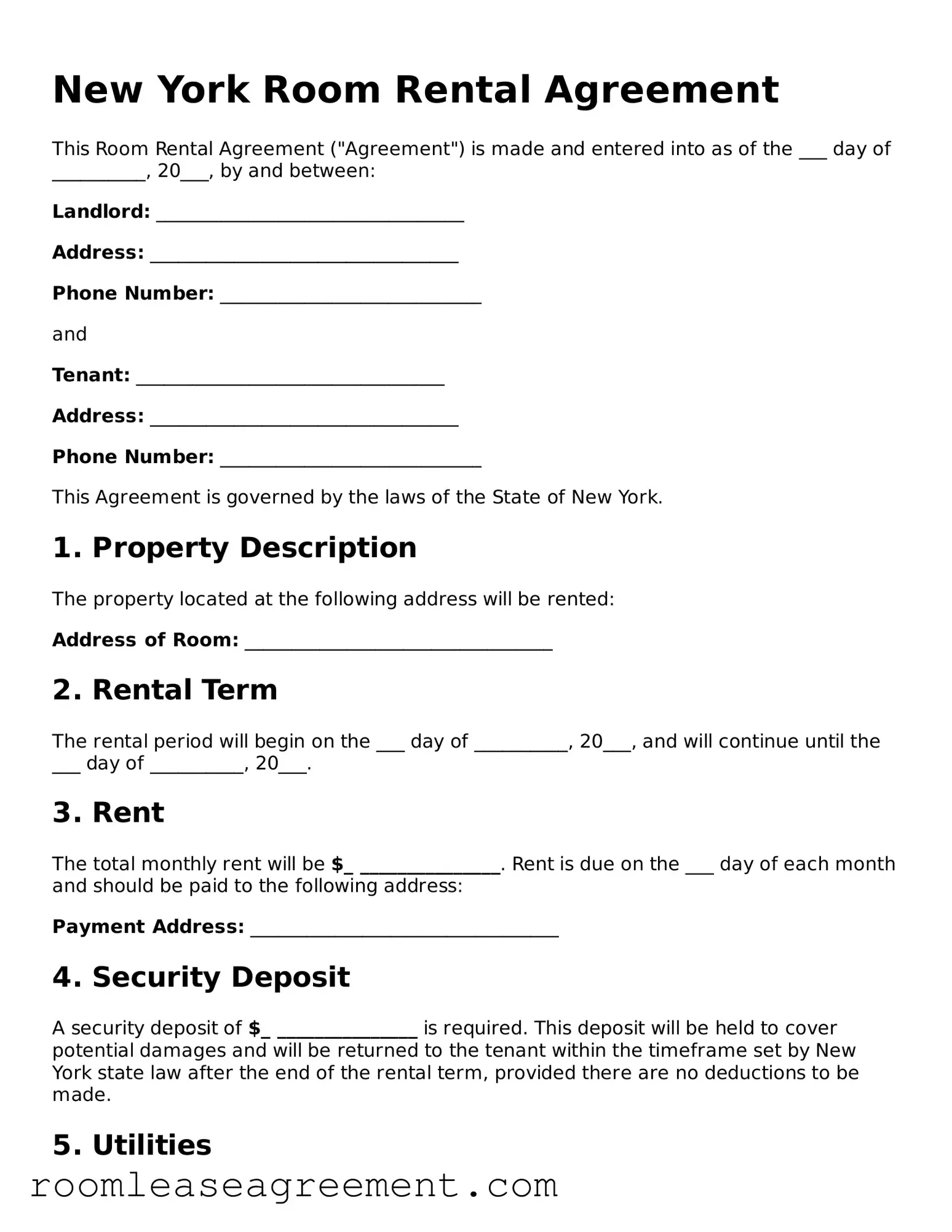 Legal  Room Rental Agreement Form for New York