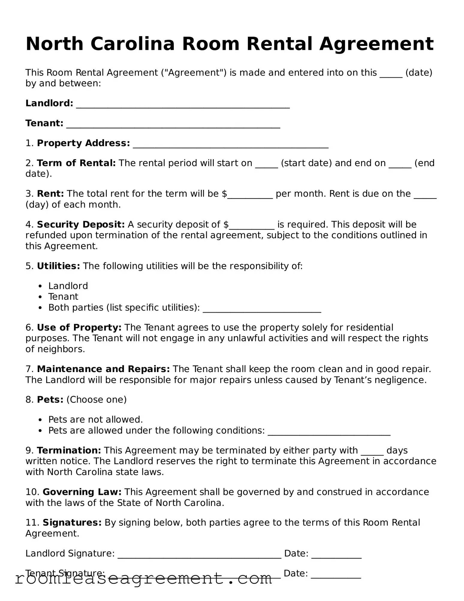 Legal  Room Rental Agreement Form for North Carolina