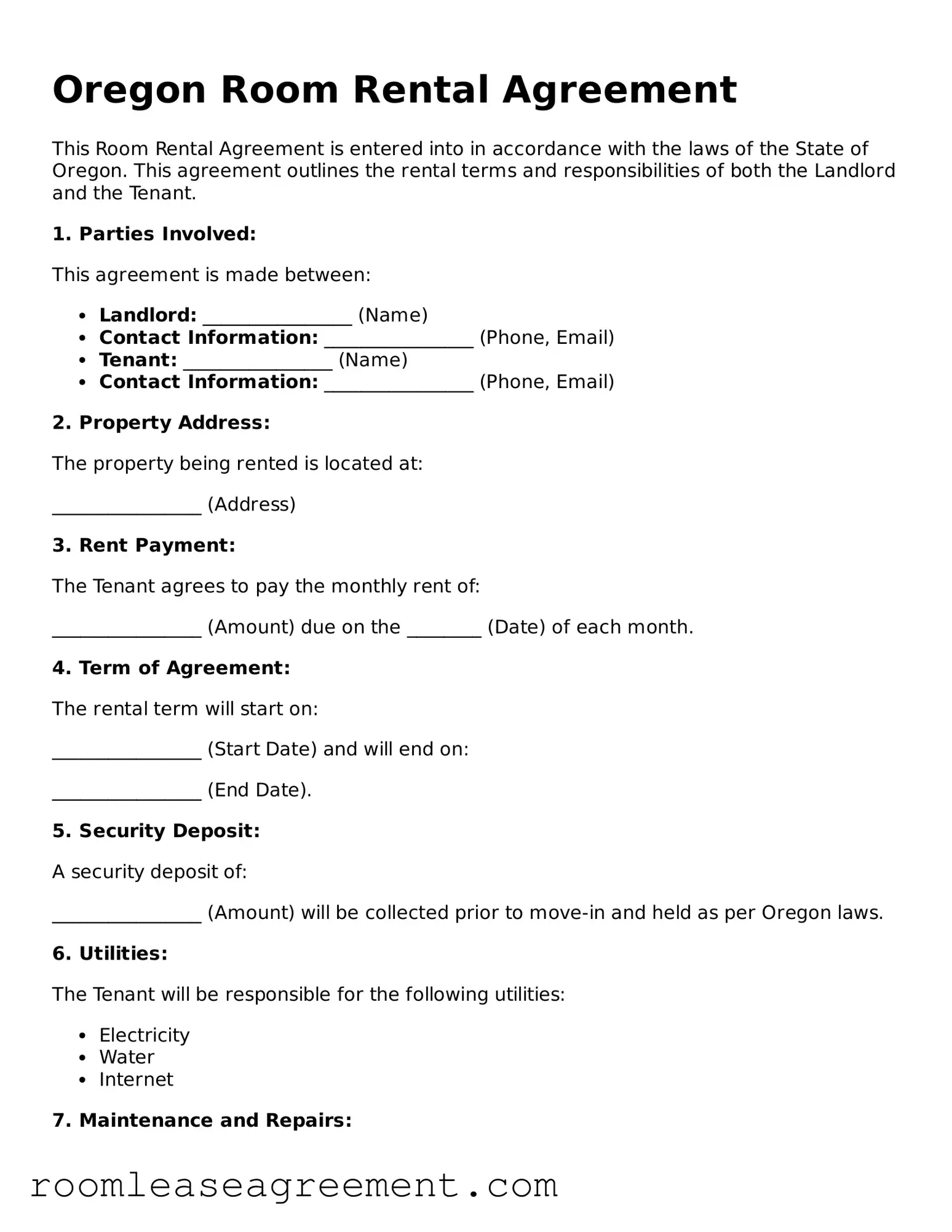 Legal  Room Rental Agreement Form for Oregon