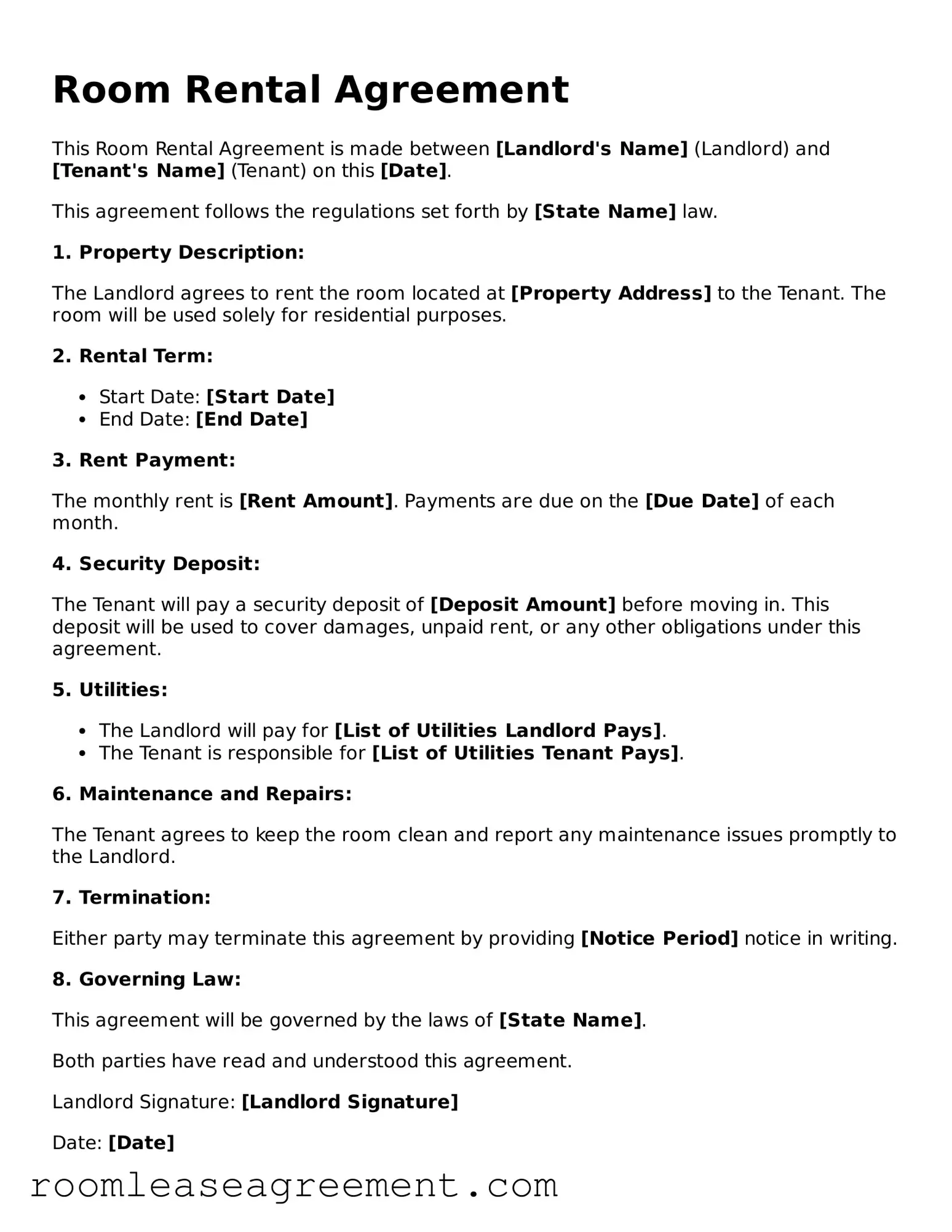 Fillable Room Rental Agreement Document