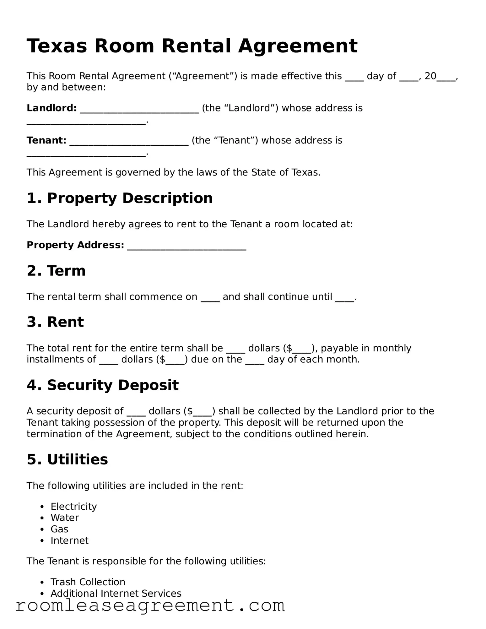 Legal  Room Rental Agreement Form for Texas