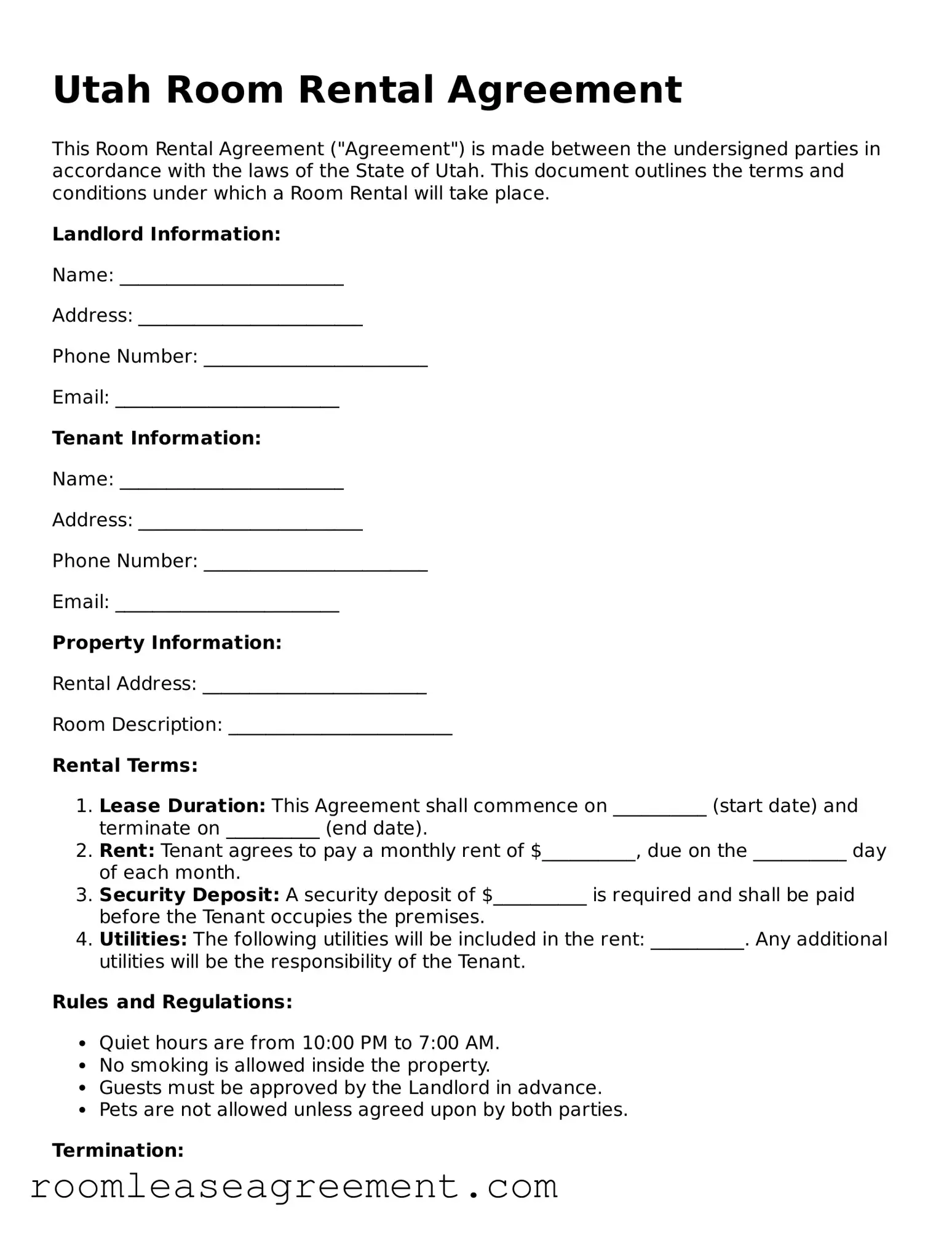 Legal  Room Rental Agreement Form for Utah