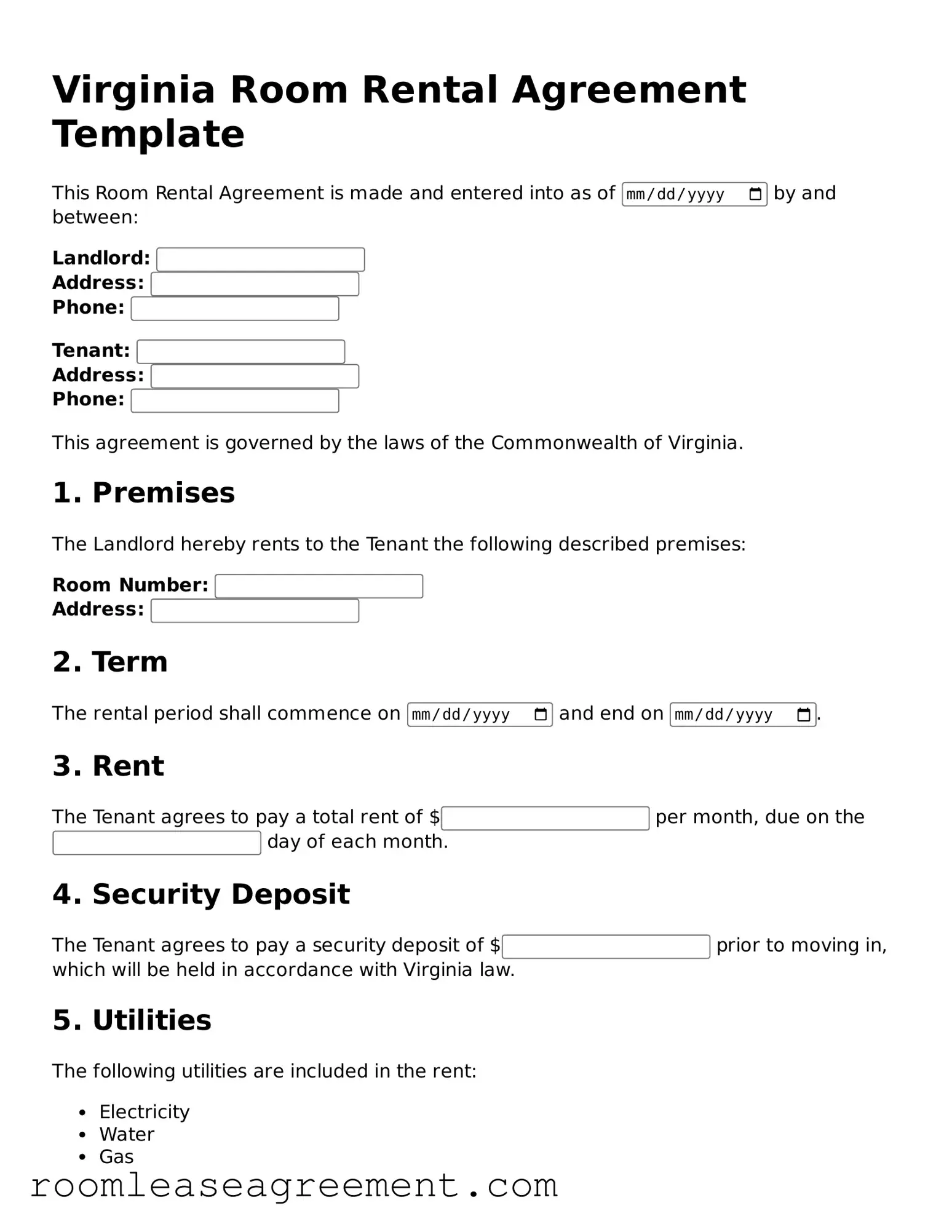 Legal  Room Rental Agreement Form for Virginia