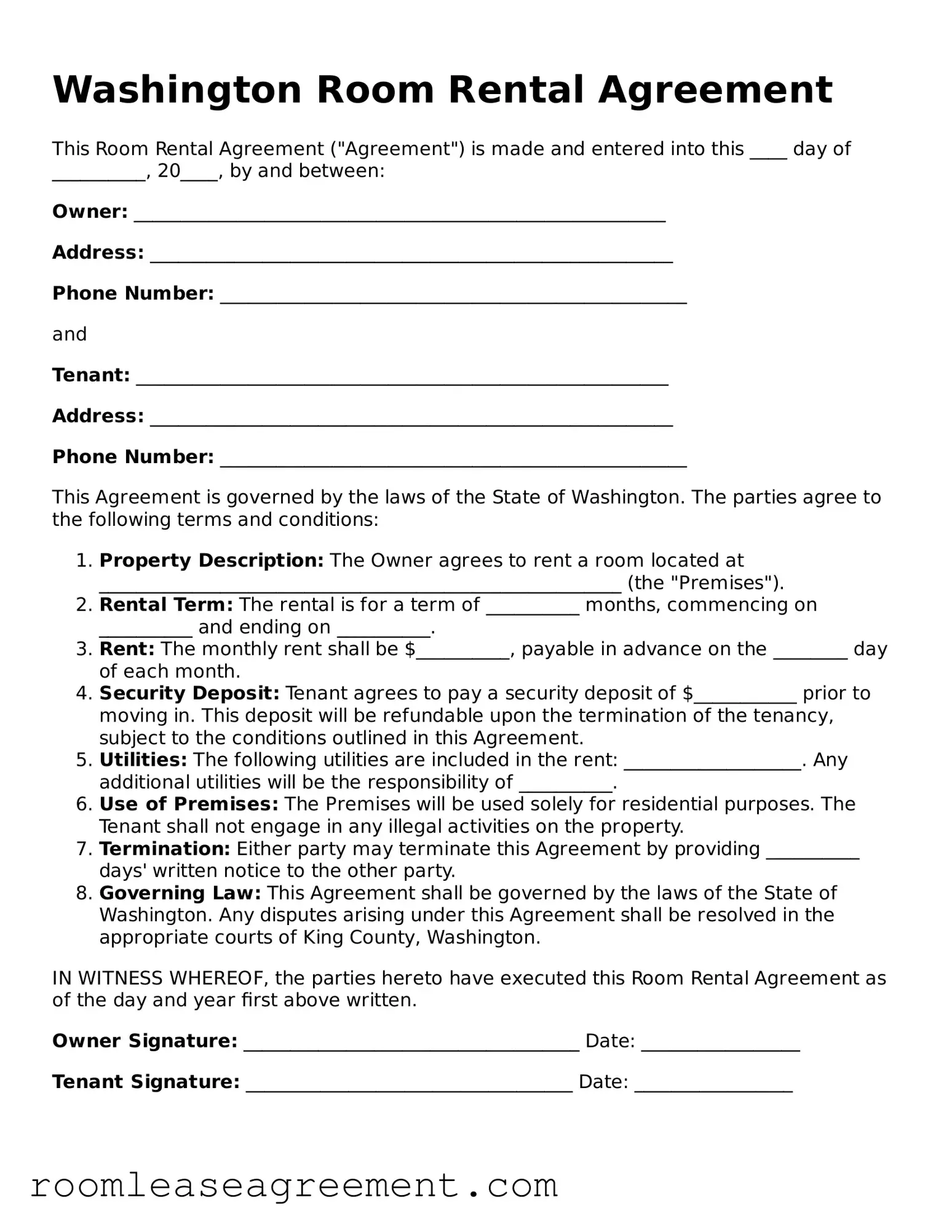 Legal  Room Rental Agreement Form for Washington